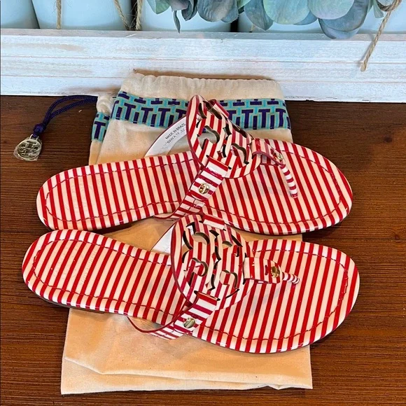 NWOB Tory Burch Patent Leather Miller Sandal Striped Nautical Red White - Picture 6 of 9